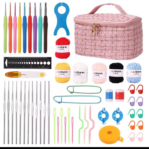 NEW 57pcs Crochet Kit Beginners Starter Knitting Yarn Tools Cute Pink Tweed Bag - Picture 6 of 13